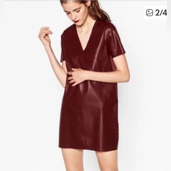 Zara Dresses & Skirts - Zara Burgundy Faux Leather V-Neck Mini Dress - Size S